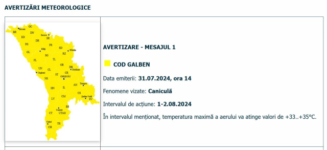 Atenție chișinăuieni: Cod Galben de caniculă pentru 01-02 august 2024